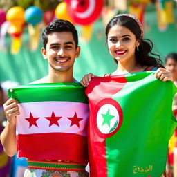 A young man proudly holding the Syrian flag alongside a young woman displaying the Algerian flag