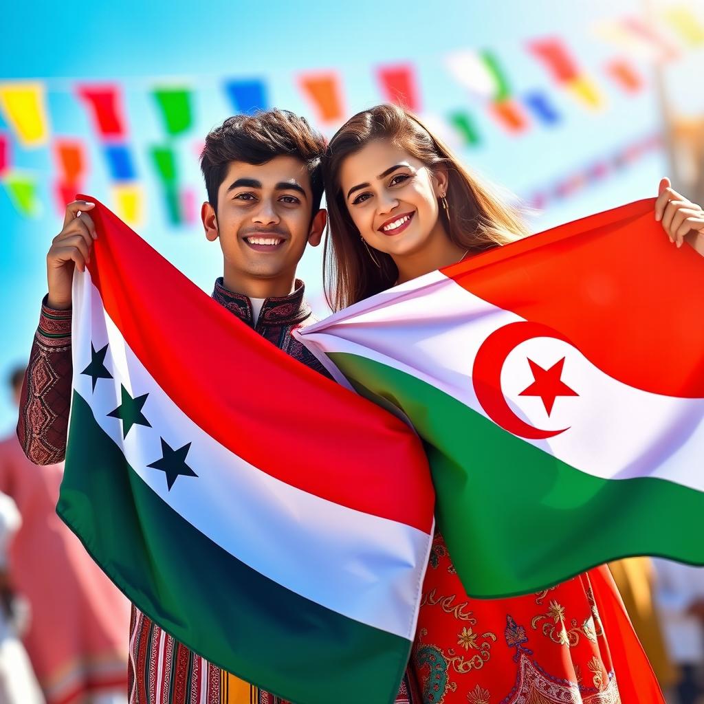 A young man proudly holding the Syrian flag alongside a young woman displaying the Algerian flag