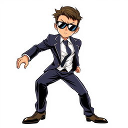 A dynamic half-body illustration of a spy character wearing a stylish suit, complete with sleek sunglasses
