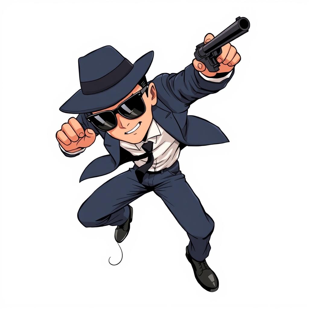 A dynamic half-body illustration of a spy character wearing a stylish suit, complete with sleek sunglasses