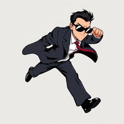 A dynamic half-body illustration of a spy character wearing a stylish suit, complete with sleek sunglasses