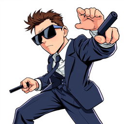 A dynamic half-body illustration of a spy character wearing a stylish suit, complete with sleek sunglasses