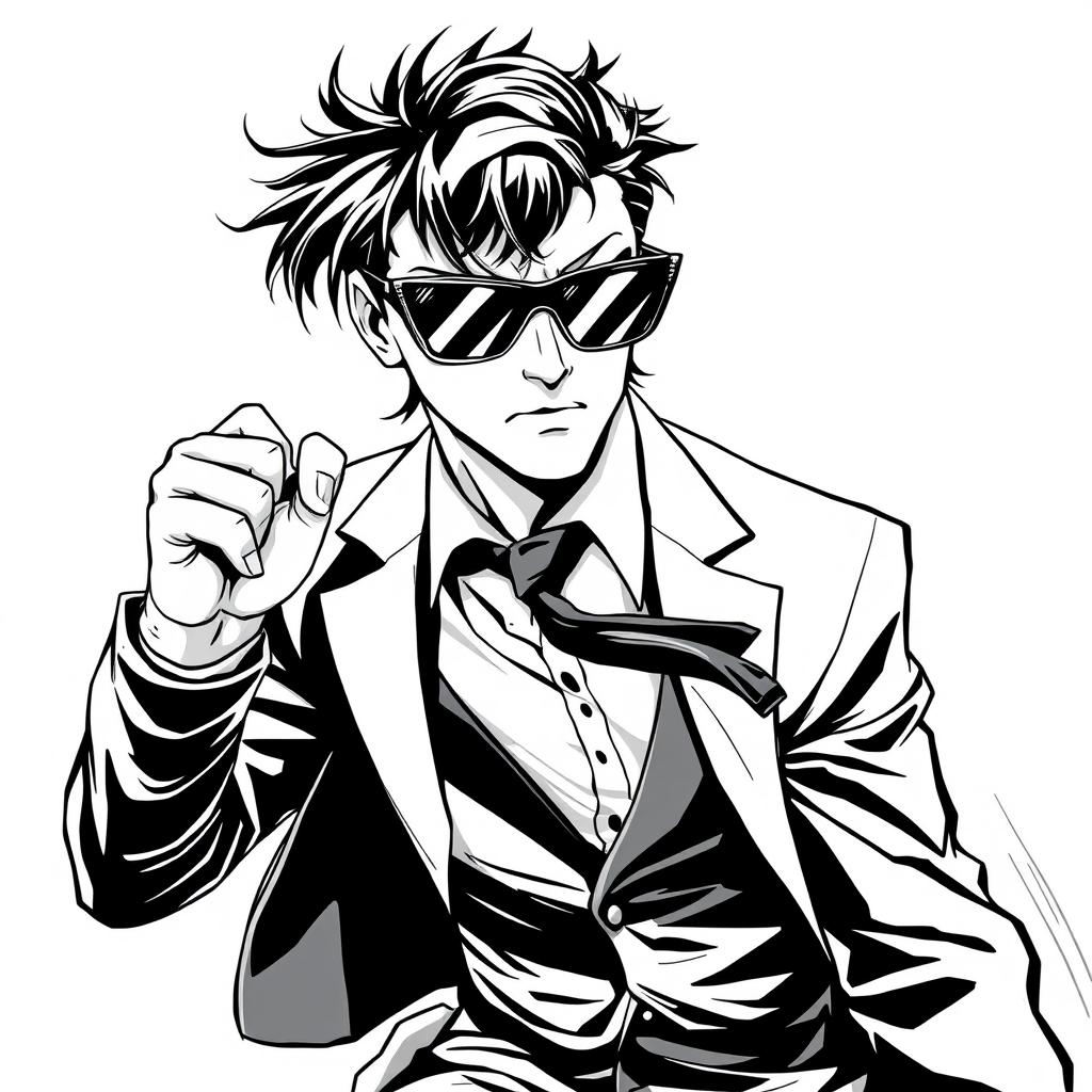 A dynamic half-body illustration of a spy character wearing a sleek suit and stylish sunglasses
