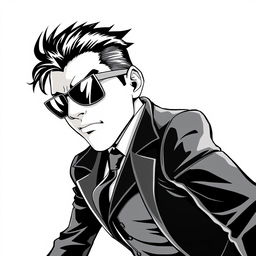 A dynamic half-body illustration of a spy character wearing a sleek suit and stylish sunglasses