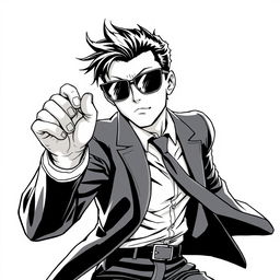 A dynamic half-body illustration of a spy character wearing a sleek suit and stylish sunglasses