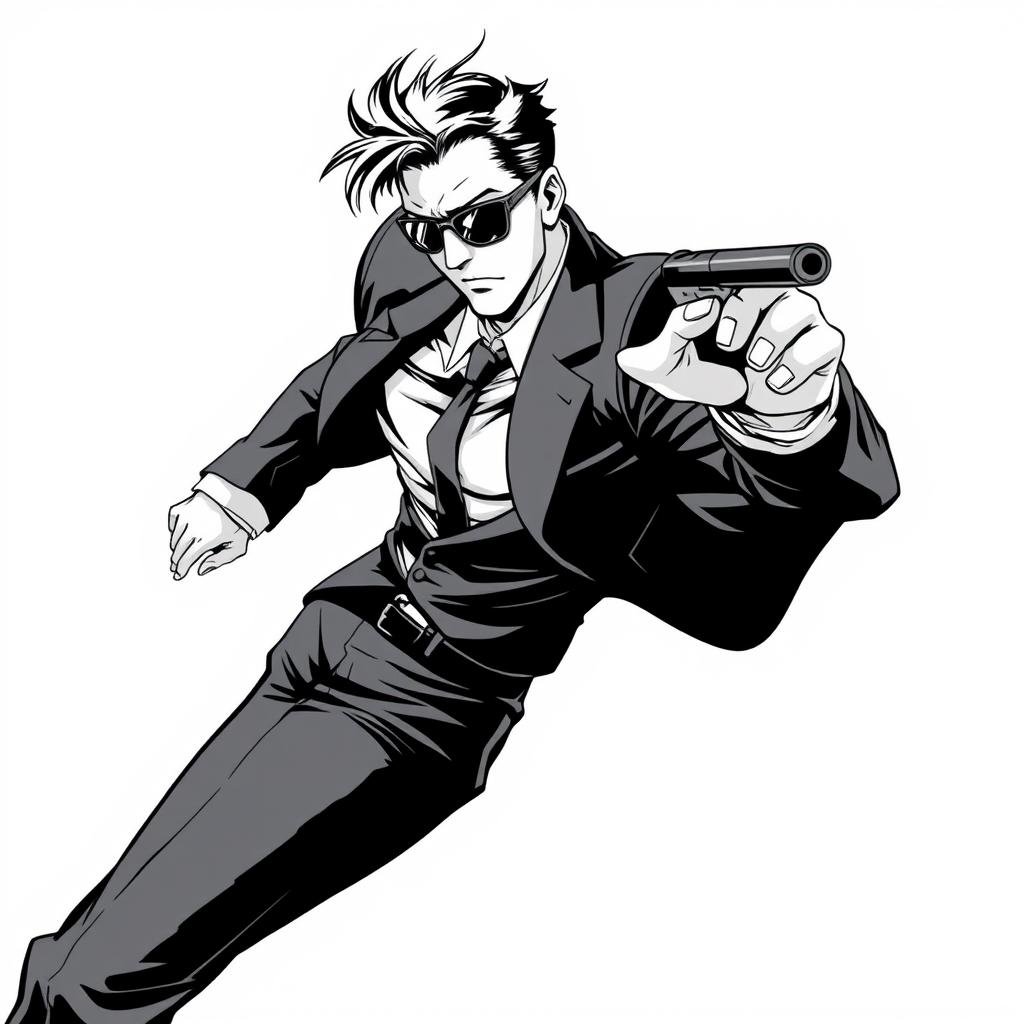 A dynamic half-body illustration of a spy character dressed in a sleek suit and stylish sunglasses, captured in a vibrant action pose