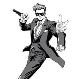A dynamic half-body illustration of a spy character dressed in a sleek suit and stylish sunglasses, captured in a vibrant action pose