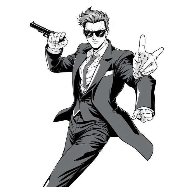 A dynamic half-body illustration of a spy character dressed in a sleek suit and stylish sunglasses, captured in a vibrant action pose