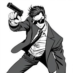 A dynamic half-body illustration of a spy character dressed in a sleek suit and stylish sunglasses, captured in a vibrant action pose