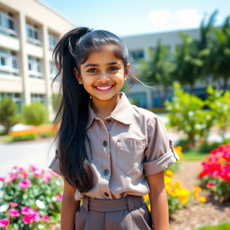 A cute teenage Indian girl with long black hair styled in a playful ponytail, wearing a short uniform shirt with rolled-up sleeves and tailored shorts, showcasing her vibrant personality