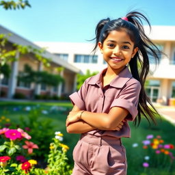 A cute teenage Indian girl with long black hair styled in a playful ponytail, wearing a short uniform shirt with rolled-up sleeves and tailored shorts, showcasing her vibrant personality
