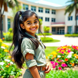 A cute teenage Indian girl with long black hair styled in a playful ponytail, wearing a short uniform shirt with rolled-up sleeves and tailored shorts, showcasing her vibrant personality