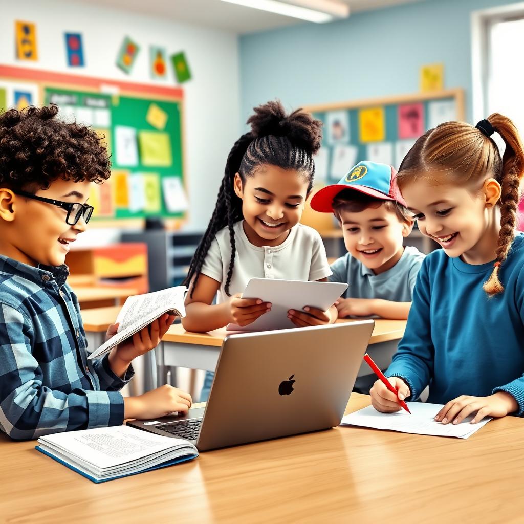 A vibrant classroom scene featuring a diverse group of children studying together