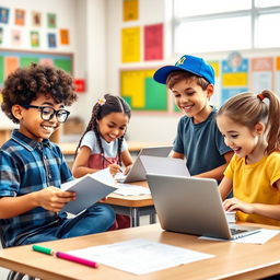 A vibrant classroom scene featuring a diverse group of children studying together