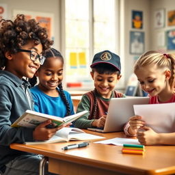 A vibrant classroom scene featuring a diverse group of children studying together