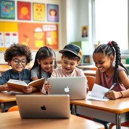 A vibrant classroom scene featuring a diverse group of children studying together