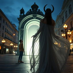 A cinematic scene set on Khreshchatyk street, portraying a teenager named Yurko discovering a mystical portal at his familiar address