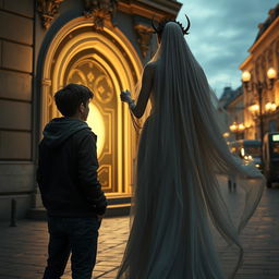 A cinematic scene set on Khreshchatyk street, portraying a teenager named Yurko discovering a mystical portal at his familiar address