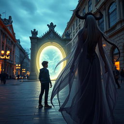 A cinematic scene set on Khreshchatyk street, portraying a teenager named Yurko discovering a mystical portal at his familiar address