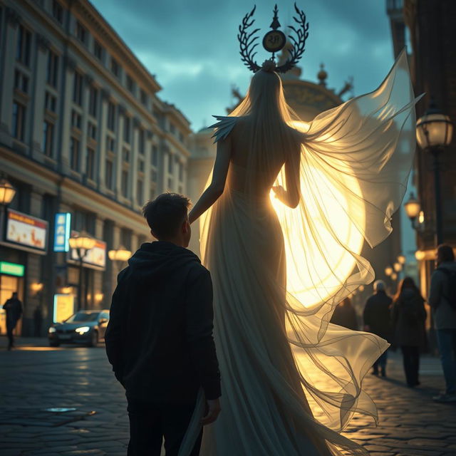 A cinematic scene set on Khreshchatyk street, portraying a teenager named Yurko discovering a mystical portal at his familiar address