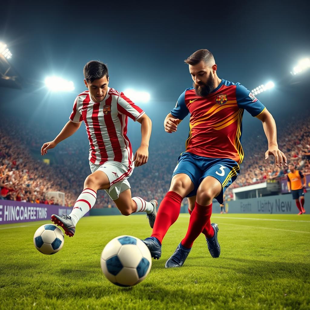 A thrilling soccer scene featuring two iconic players, one with short dark hair in a red and white striped jersey, the other with a neatly trimmed beard in a blue and yellow jersey