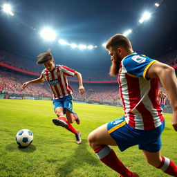 A thrilling soccer scene featuring two iconic players, one with short dark hair in a red and white striped jersey, the other with a neatly trimmed beard in a blue and yellow jersey