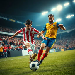 A thrilling soccer scene featuring two iconic players, one with short dark hair in a red and white striped jersey, the other with a neatly trimmed beard in a blue and yellow jersey