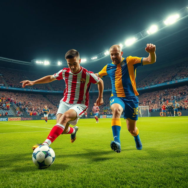 A thrilling soccer scene featuring two iconic players, one with short dark hair in a red and white striped jersey, the other with a neatly trimmed beard in a blue and yellow jersey