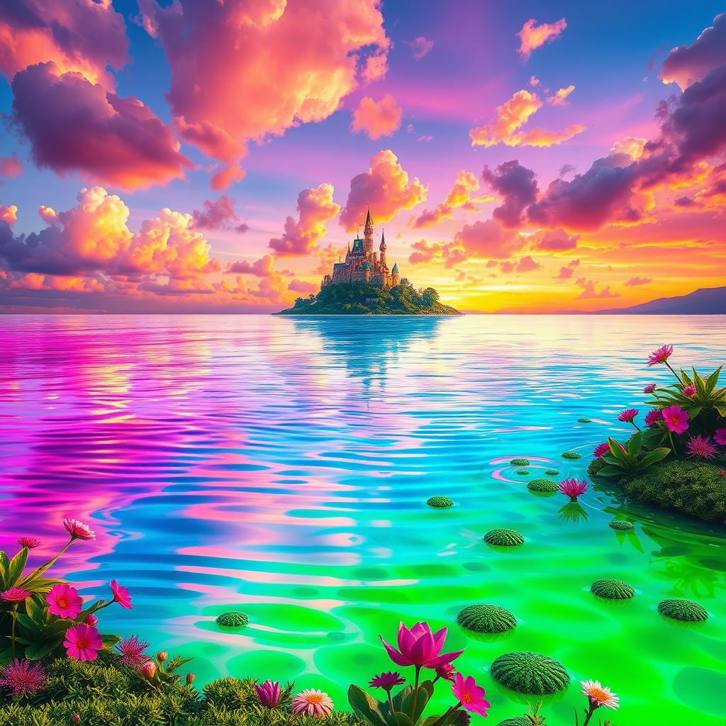 A surreal and fantastical scene depicting a large body of water in a variety of vibrant colors, such as bright pink, electric blue, and luminous green
