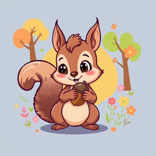 A cute and playful squirrel design for a t-shirt, featuring a cartoon-style squirrel holding an acorn with a bright and colorful background