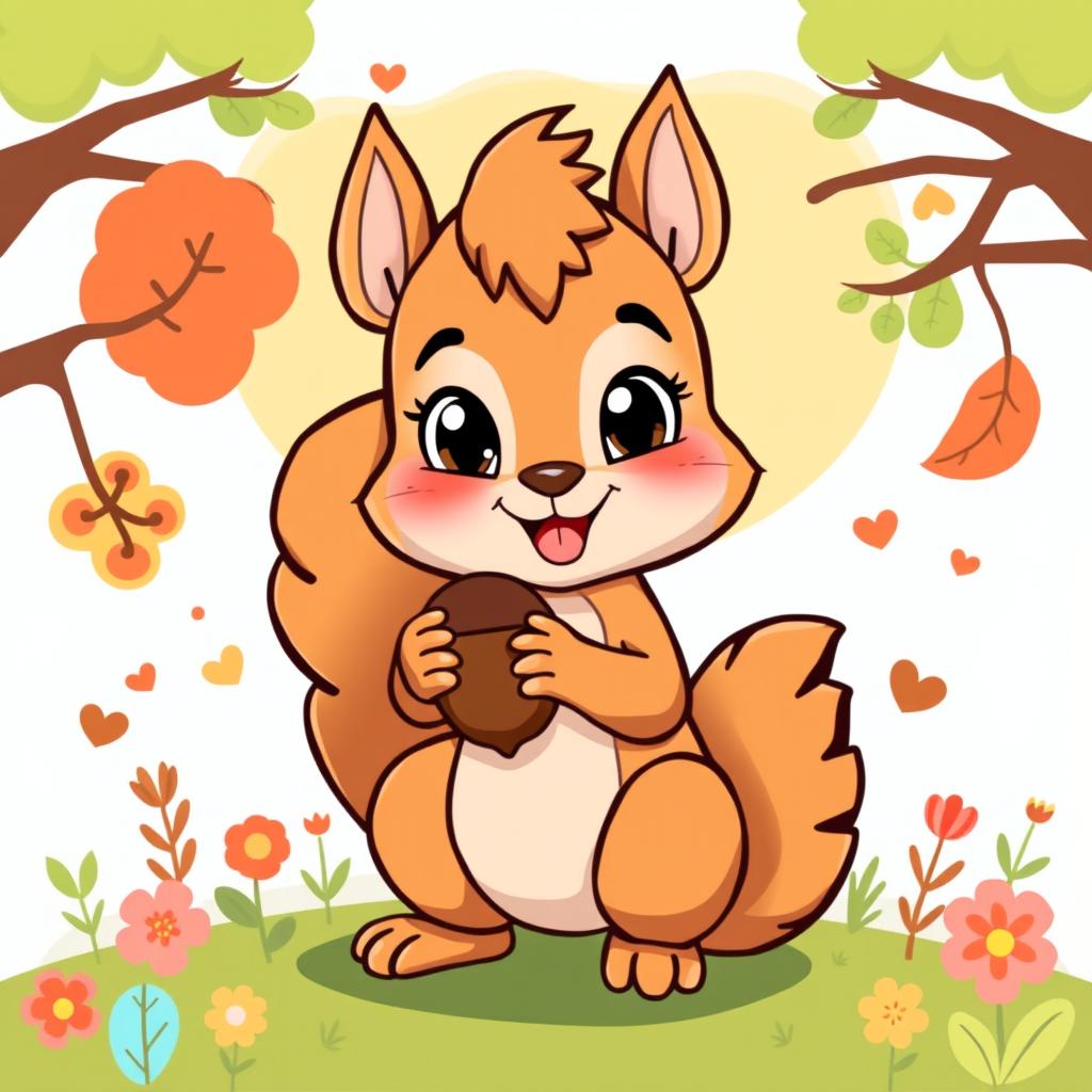 A cute and playful squirrel design for a t-shirt, featuring a cartoon-style squirrel holding an acorn with a bright and colorful background
