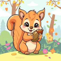 A cute and playful squirrel design for a t-shirt, featuring a cartoon-style squirrel holding an acorn with a bright and colorful background