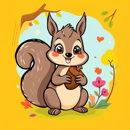 A cute and playful squirrel design for a t-shirt, featuring a cartoon-style squirrel holding an acorn with a bright and colorful background