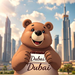 A cute and friendly grizzly bear holding a Dubai chocolate in its paws, set against the iconic skyline of Dubai featuring tall, modern skyscrapers, including the Burj Khalifa