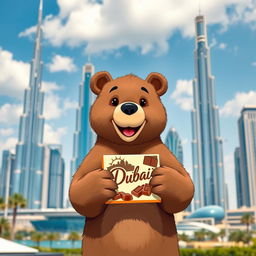 A cute and friendly grizzly bear holding a Dubai chocolate in its paws, set against the iconic skyline of Dubai featuring tall, modern skyscrapers, including the Burj Khalifa