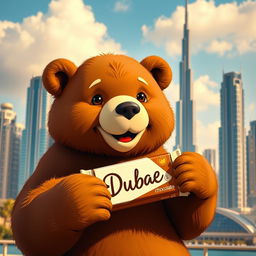 A cute and friendly grizzly bear holding a Dubai chocolate in its paws, set against the iconic skyline of Dubai featuring tall, modern skyscrapers, including the Burj Khalifa