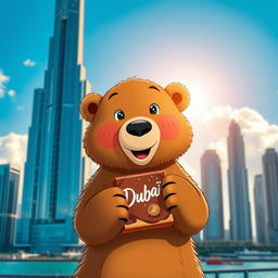 A cute and friendly grizzly bear holding a Dubai chocolate in its paws, set against the iconic skyline of Dubai featuring tall, modern skyscrapers, including the Burj Khalifa