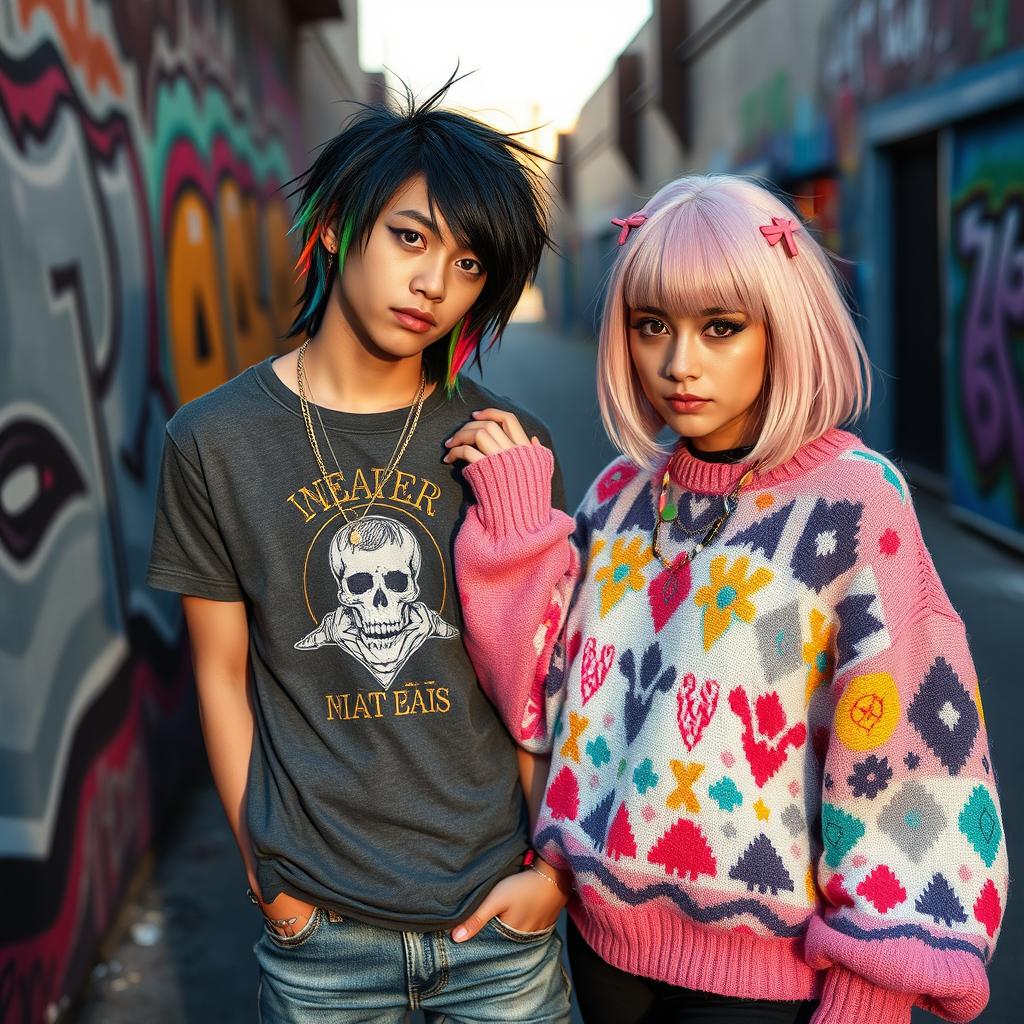 An emo boy and a scene girl in a vibrant urban setting, the emo boy with dyed black hair featuring colorful streaks, wearing a graphic t-shirt and skinny jeans, showcasing dark eyeliner
