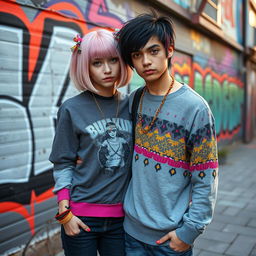 An emo boy and a scene girl in a vibrant urban setting, the emo boy with dyed black hair featuring colorful streaks, wearing a graphic t-shirt and skinny jeans, showcasing dark eyeliner
