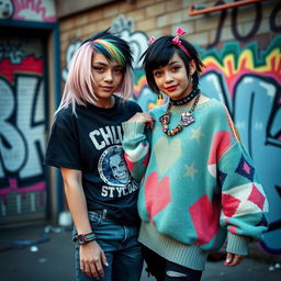 An emo boy and a scene girl in a vibrant urban setting, the emo boy with dyed black hair featuring colorful streaks, wearing a graphic t-shirt and skinny jeans, showcasing dark eyeliner