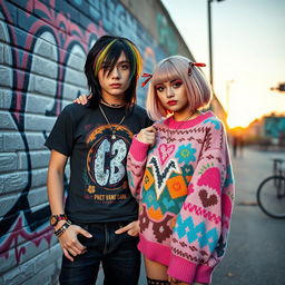 An emo boy and a scene girl in a vibrant urban setting, the emo boy with dyed black hair featuring colorful streaks, wearing a graphic t-shirt and skinny jeans, showcasing dark eyeliner