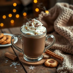 A cozy scene depicting a steaming cup of rich, creamy hot chocolate filled to the brim, topped with fluffy whipped cream and sprinkled with chocolate shavings