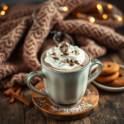 A cozy scene depicting a steaming cup of rich, creamy hot chocolate filled to the brim, topped with fluffy whipped cream and sprinkled with chocolate shavings