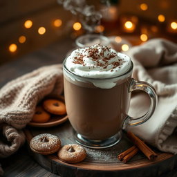 A cozy scene depicting a steaming cup of rich, creamy hot chocolate filled to the brim, topped with fluffy whipped cream and sprinkled with chocolate shavings
