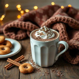 A cozy scene depicting a steaming cup of rich, creamy hot chocolate filled to the brim, topped with fluffy whipped cream and sprinkled with chocolate shavings