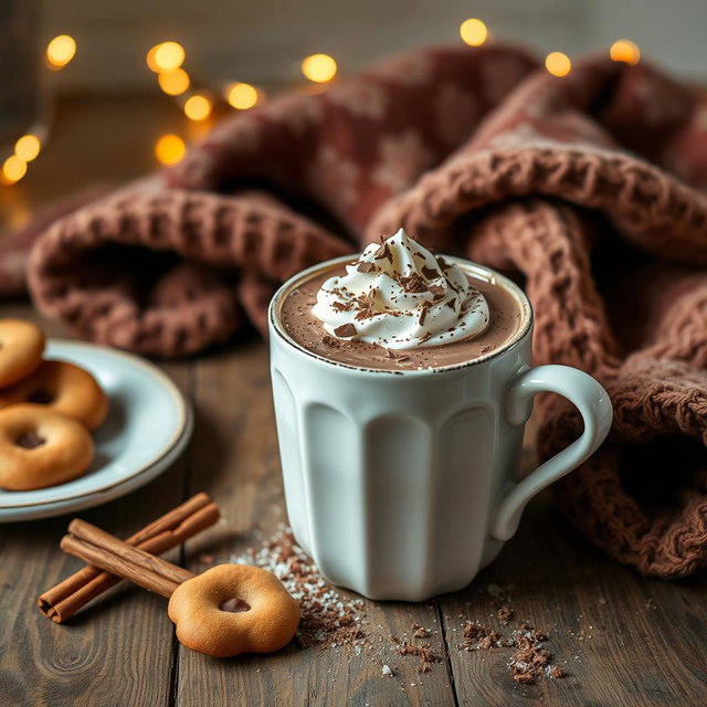 A cozy scene depicting a steaming cup of rich, creamy hot chocolate filled to the brim, topped with fluffy whipped cream and sprinkled with chocolate shavings