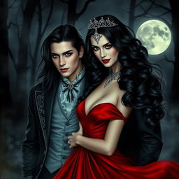 A dramatic vampire couple standing under a full moon in a dark, misty forest