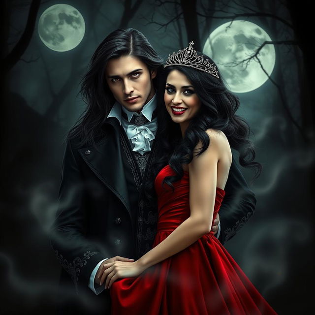 A dramatic vampire couple standing under a full moon in a dark, misty forest