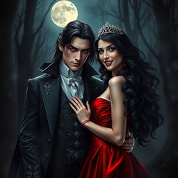 A dramatic vampire couple standing under a full moon in a dark, misty forest
