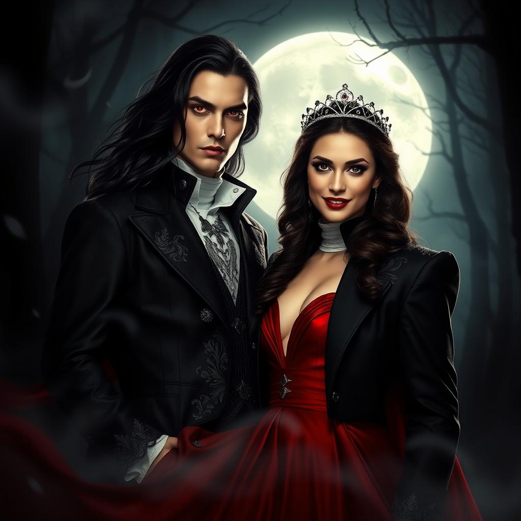 A dramatic vampire couple standing under a full moon in a dark, misty forest